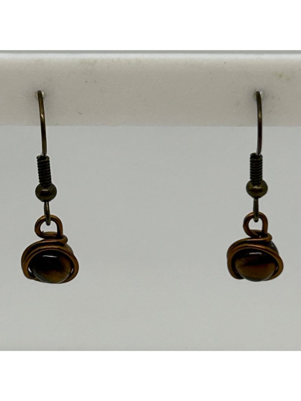 Handmade Tiger Eye Earrings, Bronze Tone Wire-Wrapped Gemstone Bead Dangle Drop - Picture 6 of 10